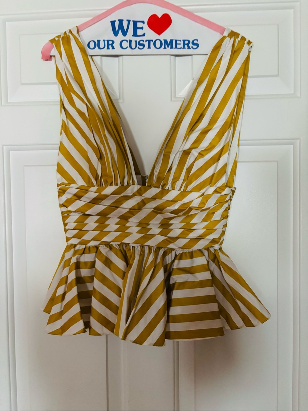 Caroline Constas Striped Yellow Peplum V-Neck Women’s Top